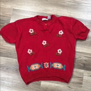 Carriage Court Women's‎ Size Large Short Sleeve Sweater Red Pink Embroidered Y2K